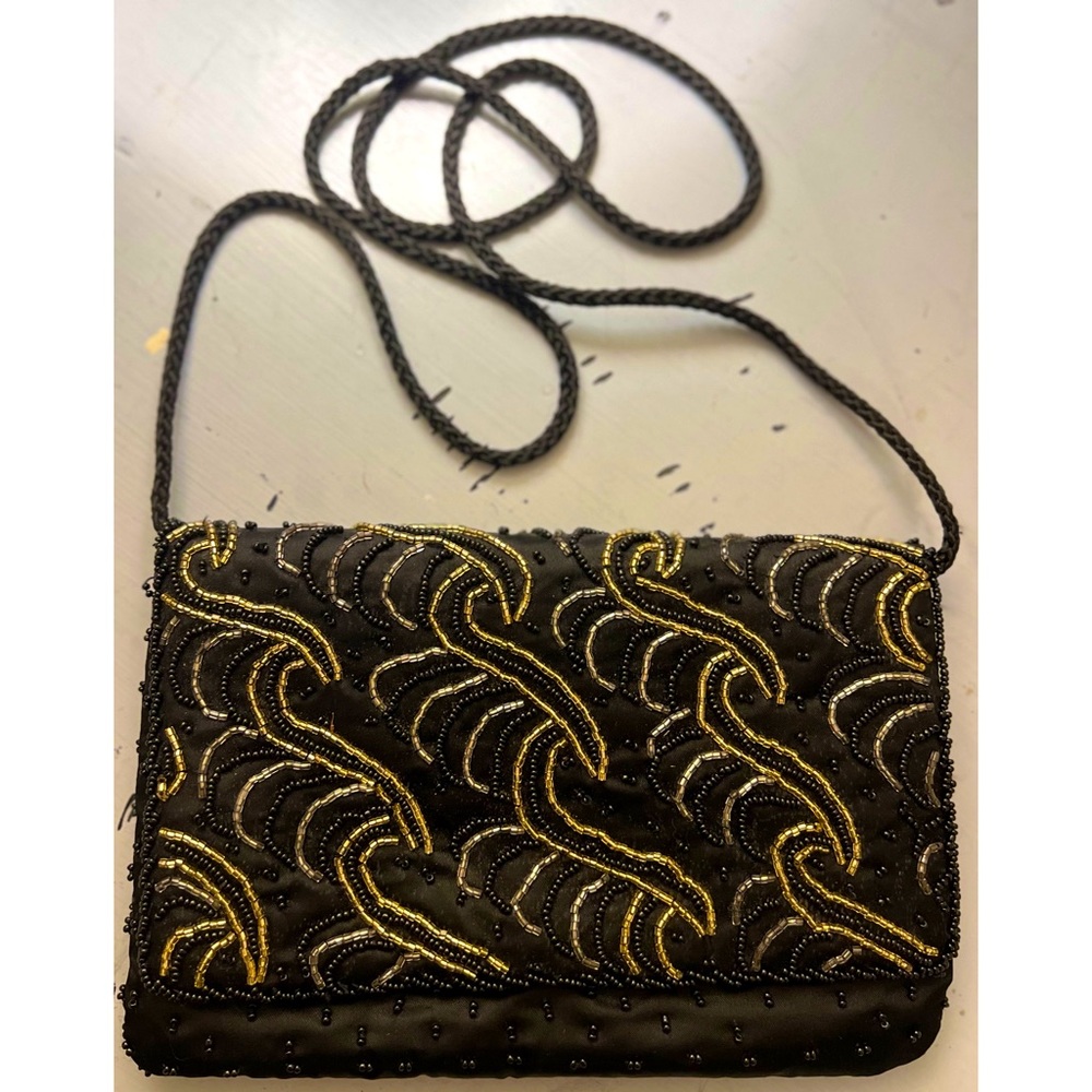Vintage Black Evening Bag With Gold and Silver Beaded Designs